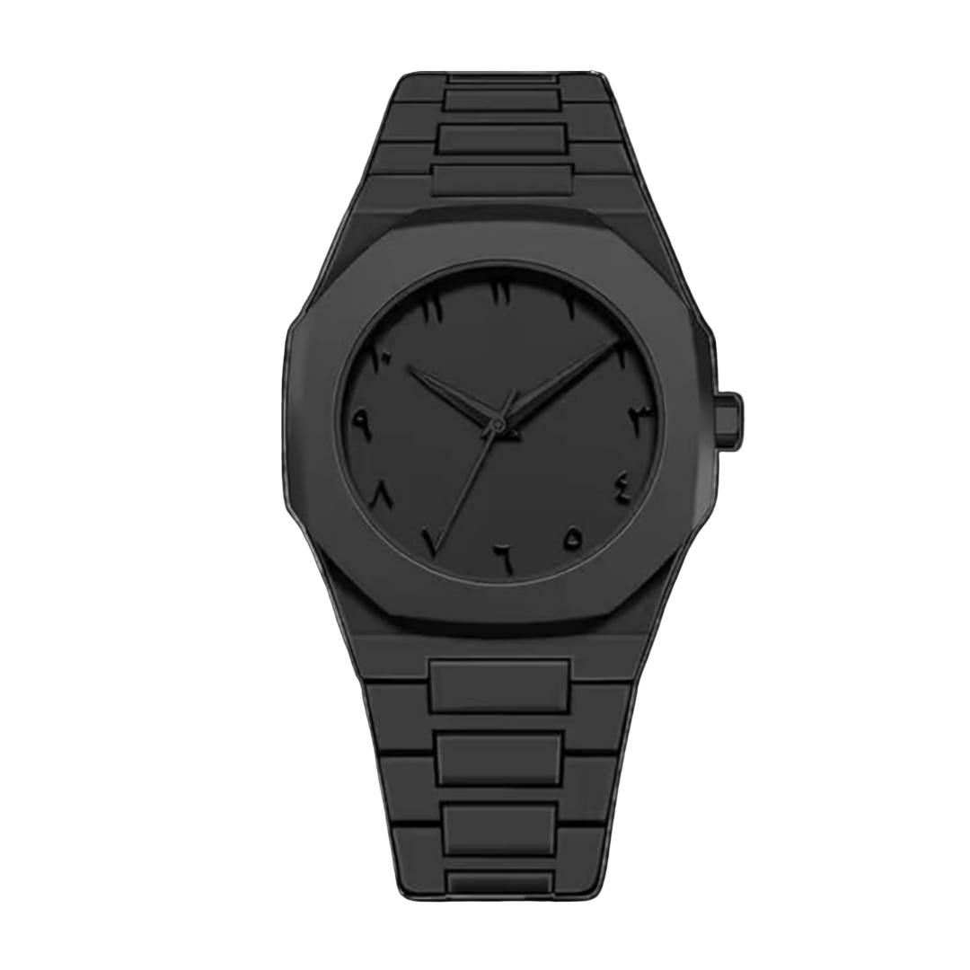 Black watch with a metal strap on a transparent background