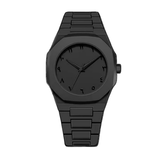 Black watch with a metal strap on a transparent background